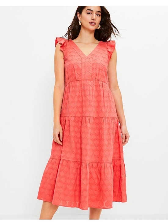 LOFT Dresses & Skirts - Women’s LOFT Coral with Gold Shimmer Clip Flutter Midi Dress Size Medium